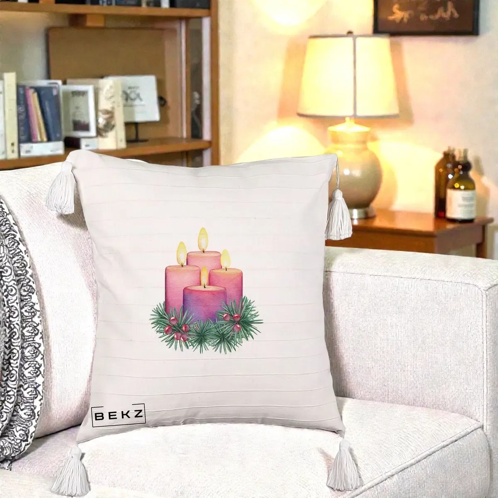 Perna Decorativa Lumanari Advent Roz-Violet, 40x40 cm, Bej cu Franjuri, Husa Detasabila, Perna Inclusa, BEKZ®