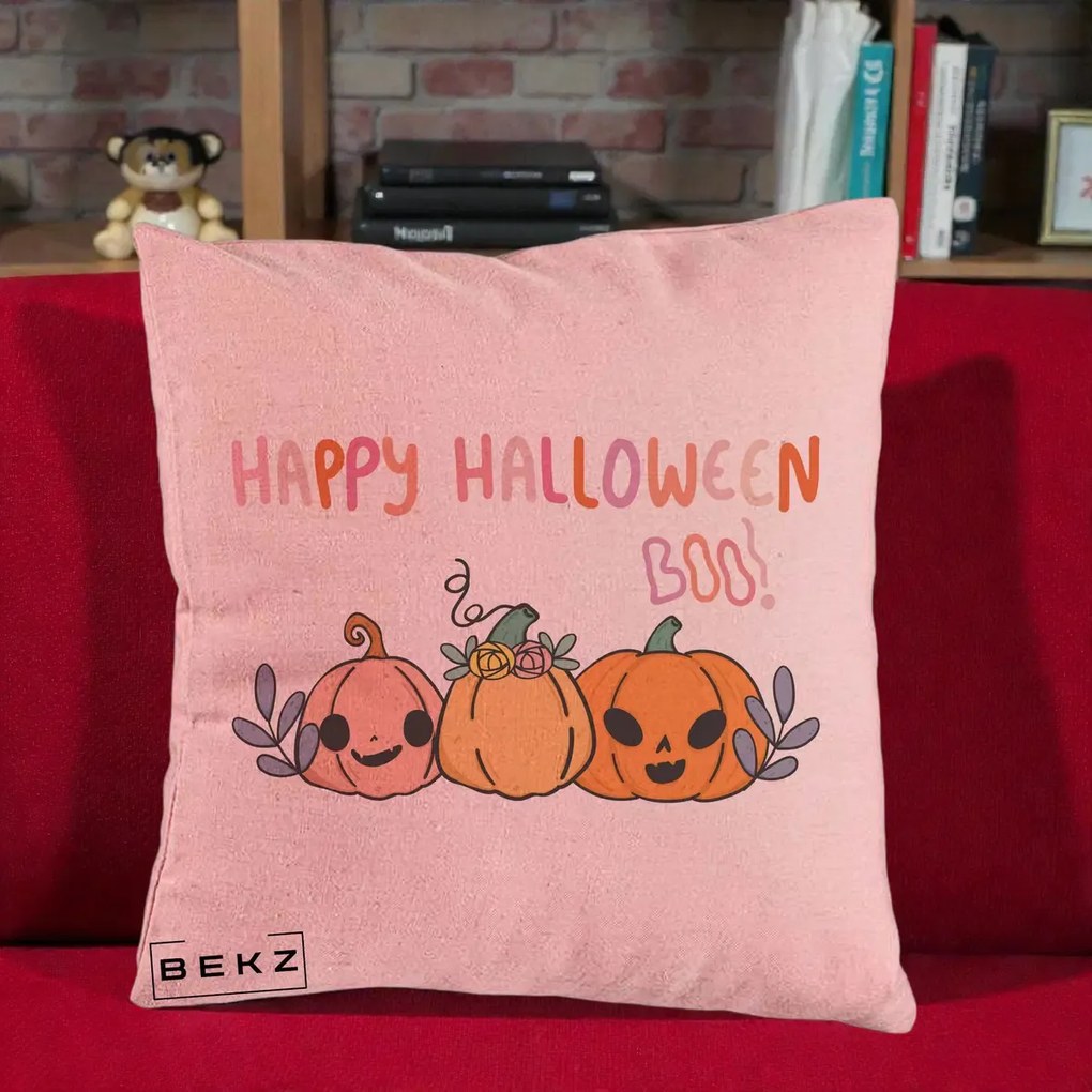 Perna Decorativa Happy Halloween Boo Trei Dovlecei Kawaii, 40x40 cm, Roz, Husa Detasabila, Perna Inclusa, BEKZ®