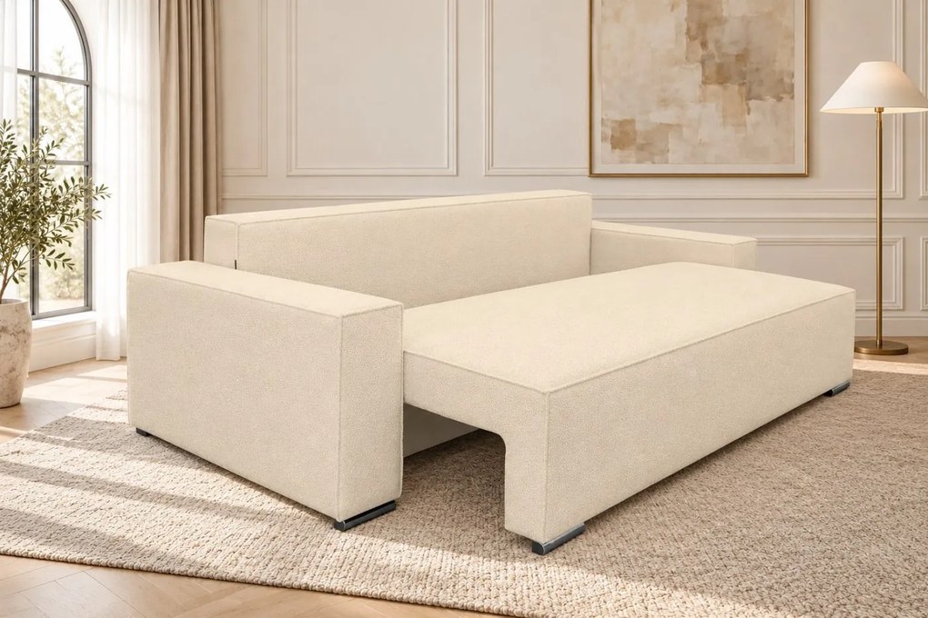 Canapea extensibilă Perla din boucle, crem, cu ladă de depozitare