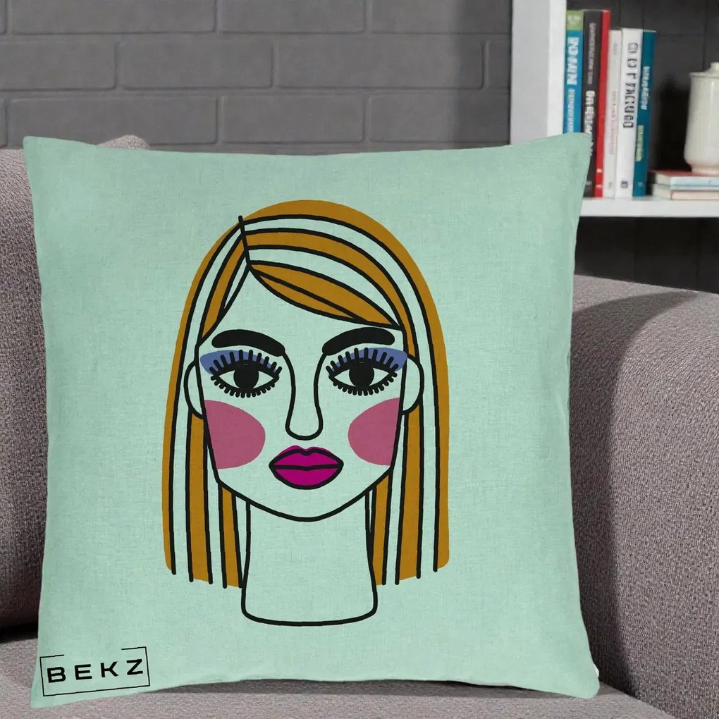 Perna Decorativa Portret Pop Art Fata, 40x40 cm, Verde Menta, Husa Detasabila, Perna Inclusa, BEKZ®