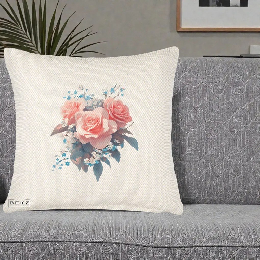 Perna Decorativa Trandafiri Roz cu Floricele Albastre, 40x40 cm, Crem Reliefat, Husa Detasabila, Perna Inclusa, BEKZ®