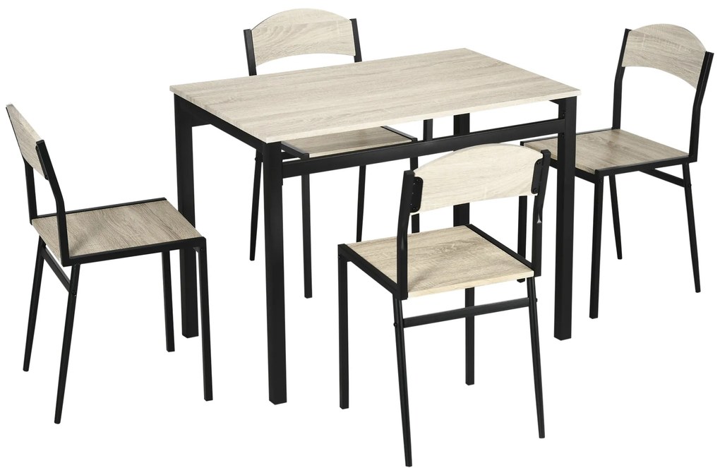 Set HOMCOM de Masă și 4 Scaune, Design Dreptunghiular, Oțel și MDF, Negru și Lemn Natural, 100x63x76.5cm și 45x40x82cm | Aosom Romania