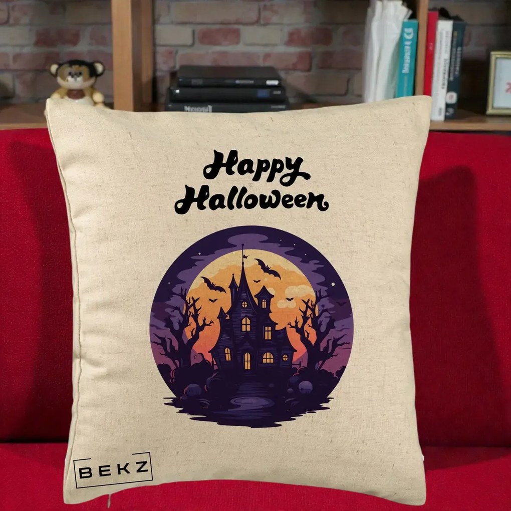 Perna Decorativa Happy Halloween Casa Bantuita Violet, 40x40 cm, Bej, Husa Detasabila, Perna Inclusa, BEKZ®