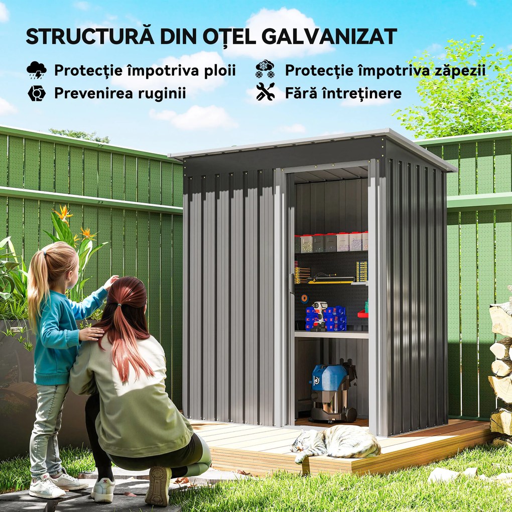 Outsunny Adăpost Unelte cu Acoperiș Înclinat și Ușă Glisantă, din Oțel și PP, 163x89x182 cm, Gri Deschis | Aosom Romania