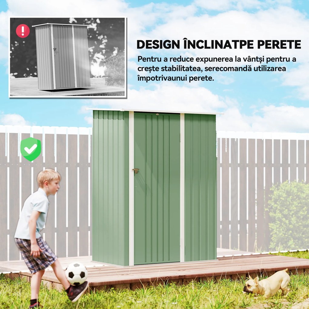 Outsunny Căsuță de Grădină 1.07m² din Oțel Galvanizat, Magazie pentru Unelte cu Ușă Blocabilă și Acoperiș Înclinat, 142x86x189 cm, Verde Deschis | Aosom Romania