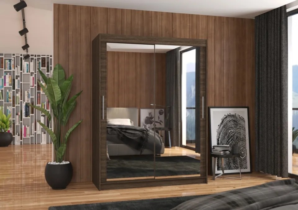 Dulap cu usi glisante si oglinda + iluminare LED, 150 cmx200 cmx58 cm, Permo, ADRK Furniture (Iluminare LED: Nu, Culoare: Ciocolatiu / Ciocolatiu)