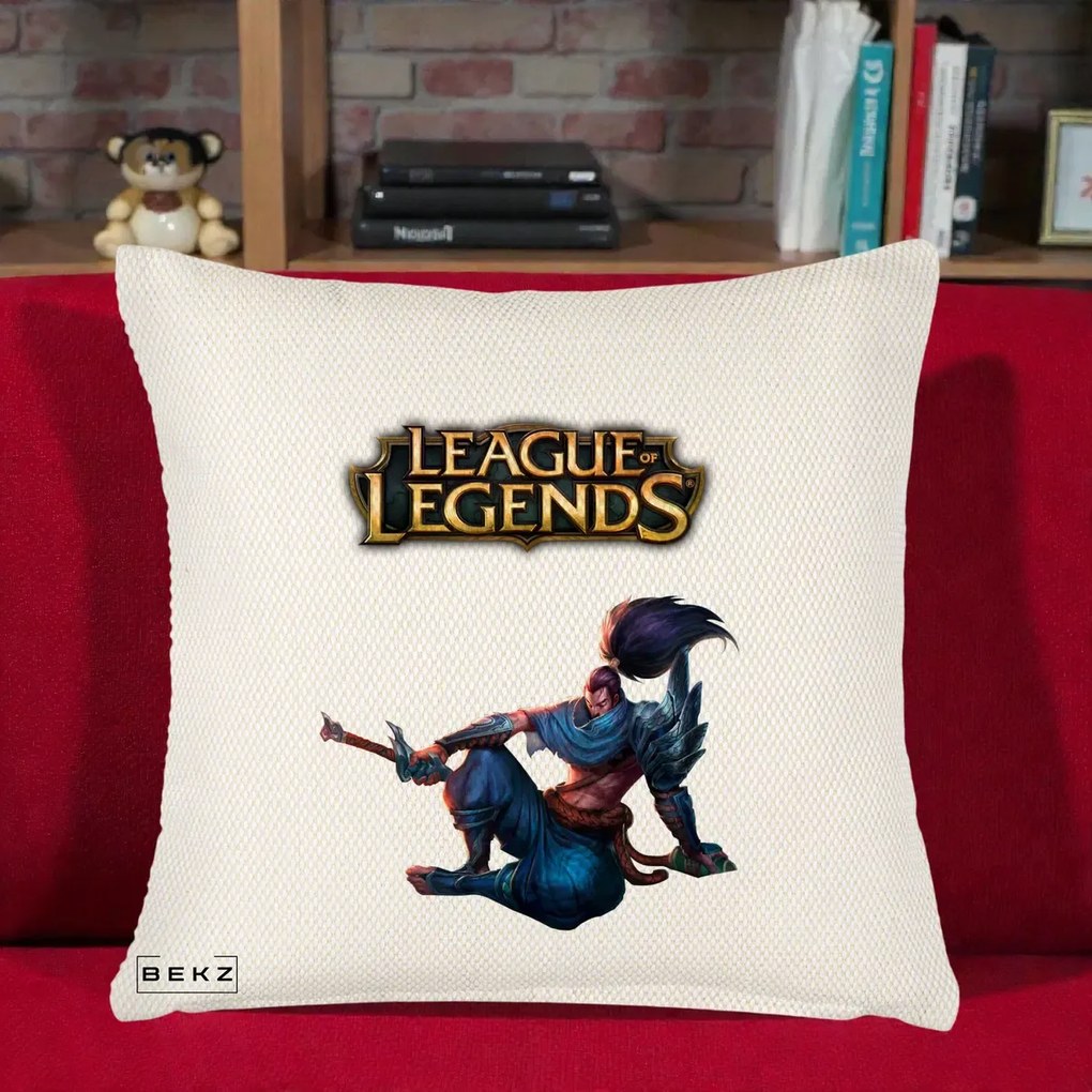Perna Personalizata League of Legends Yasuo, 40x40 cm, Crem Reliefat, Husa Detasabila, Perna Inclusa, BEKZ®