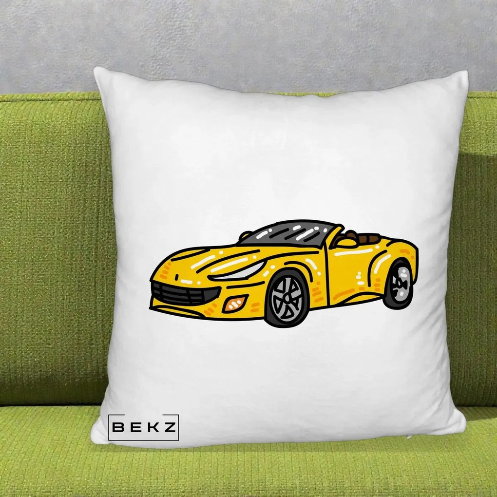Perna Personalizata Masina Cabriolet Galbena Grafic, 40x40 cm, Alb Pufos, Husa Detasabila, Perna Inclusa, BEKZ®