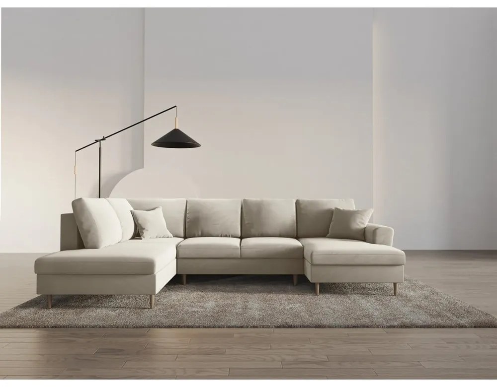 Colțar bej extensibil, cu spațiu de depozitare cu tapițerie din catifea (cu colț pe partea stângă-în formă de "U") Kyoto – Cosmopolitan Design