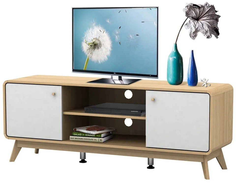 Masă TV albă/în culoare naturală cu aspect de lemn de stejar 140x53 cm Caitlin – Støraa