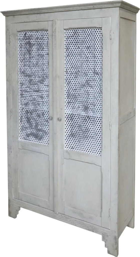 Dulap vintage pentru lenjerie din lemn de pin, alb, cu 2 uși cu panouri perforate și 2 rafturi, finisaj antichizat, 184 x 113 x 44,5 cm, „Old French”