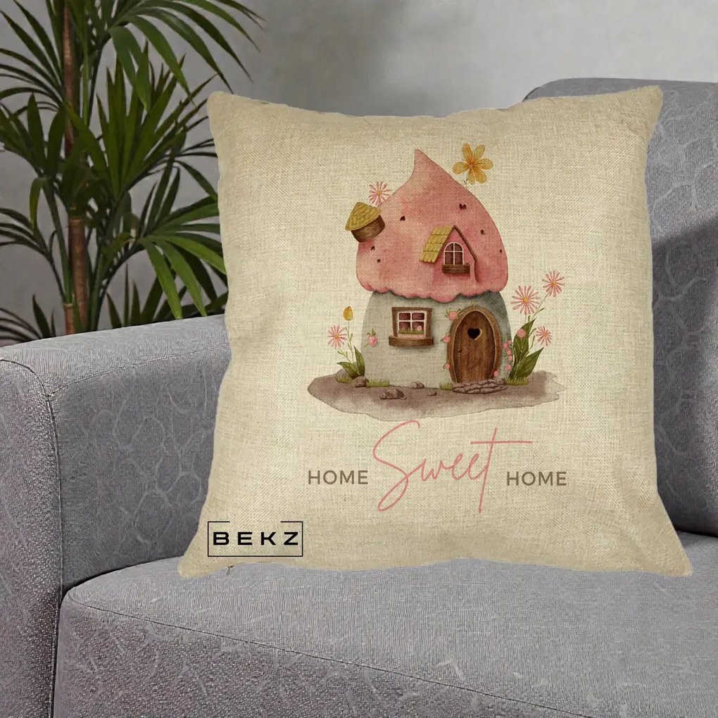 Perna Decorativa Home Sweet Home Casuta, 40x40 cm, Crem, Husa Detasabila, Perna Inclusa, BEKZ®