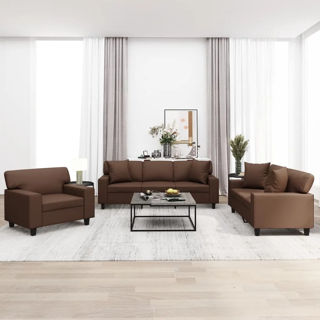3153973 vidaXL Set de canapele cu perne, 3 piese, maro, piele ecologică