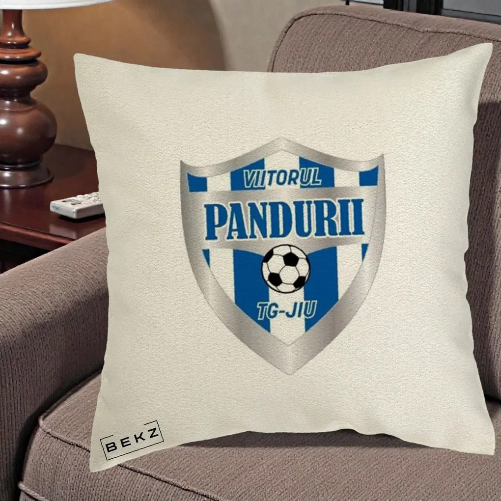 Perna Personalizata Pandurii Targu Jiu Fotbal, 40x40 cm, Ecru, Husa Detasabila, Perna Inclusa, BEKZ®