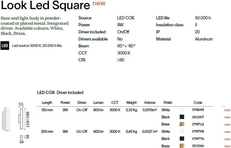 Aplica de perete LOOK LED AP2 SQUARE D30 H300 ON-OFF NERO 3000K