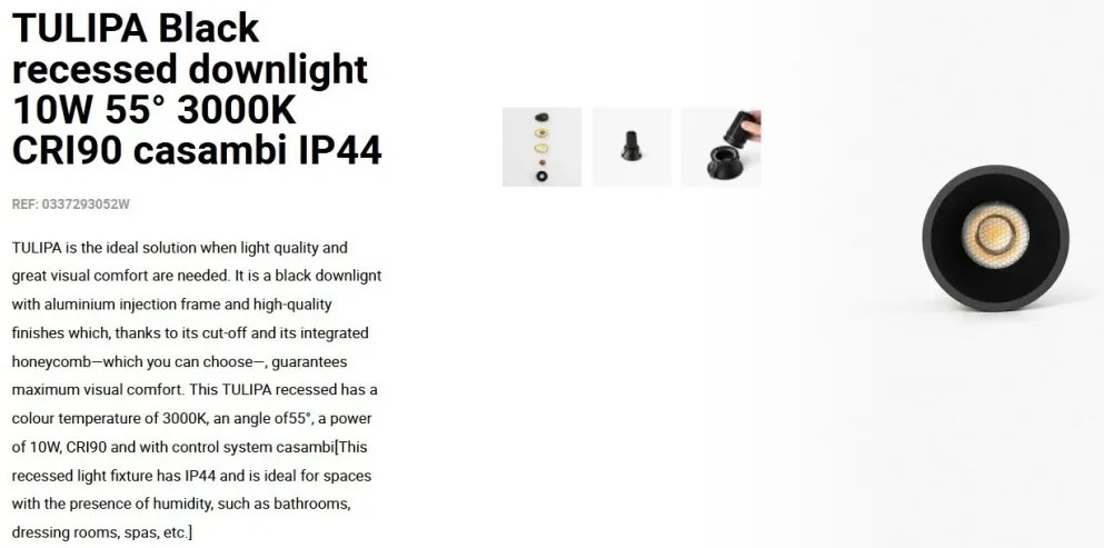 Spot LED incastrabil TULIPA Black recessed downlight 10W 55° 3000K CRI90 casambi IP44