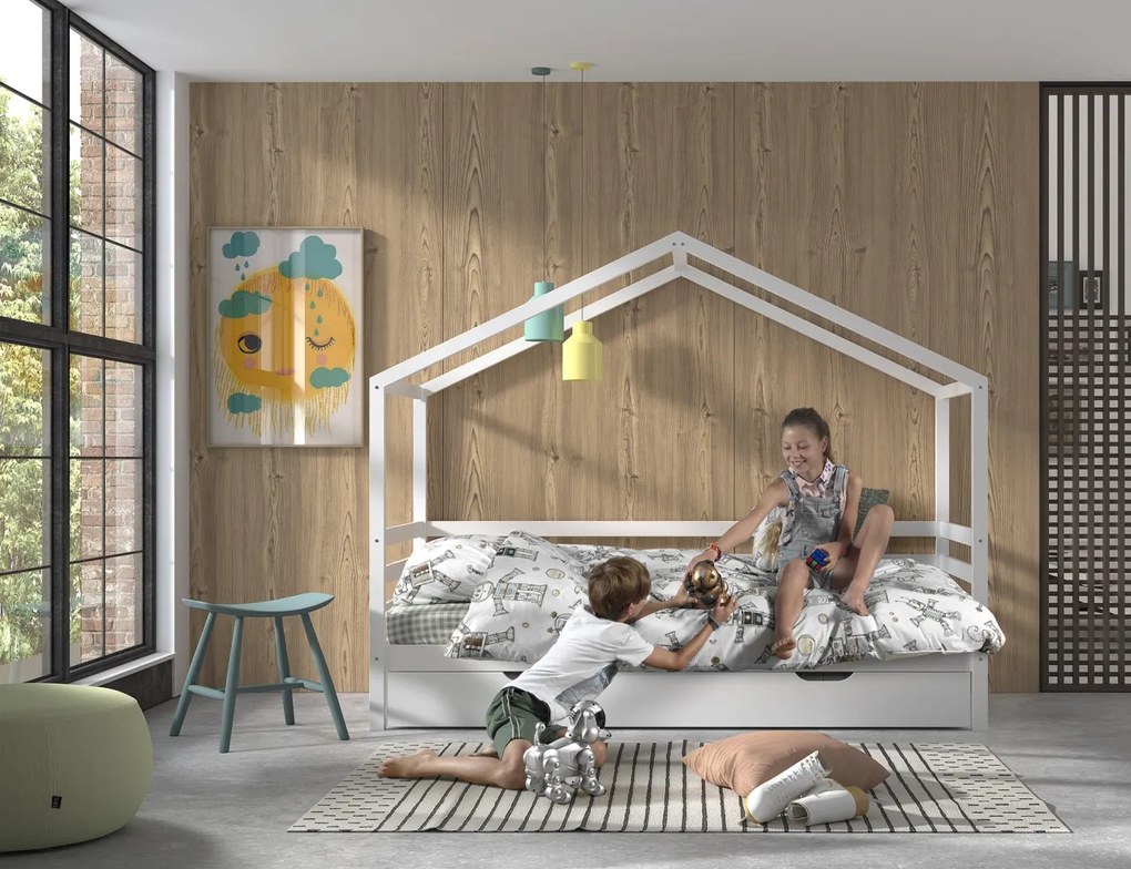 Pat Căsuță cu Design Modern, cu Sertar, Alb, Pin Masiv – Dallas – Vipack