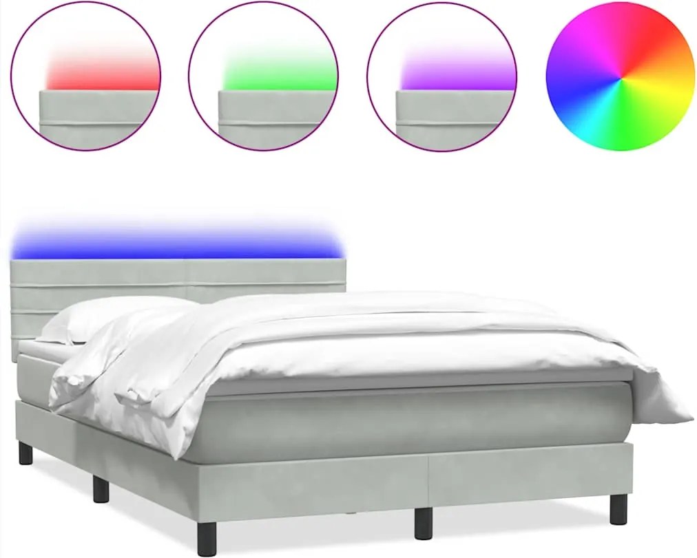 vidaXL Pat cu arcuri cu saltea și LED, gri deschis, 160x210 cm, catifea