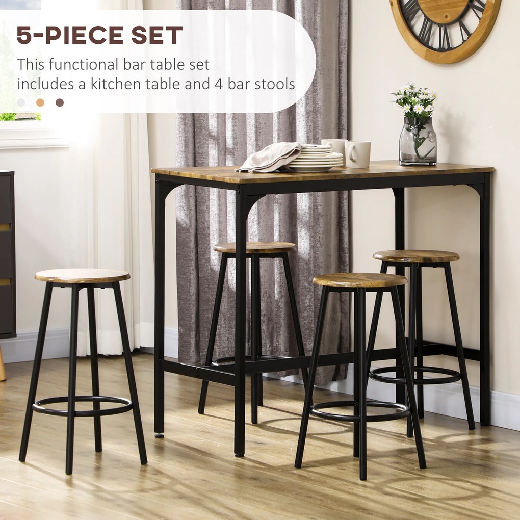HOMCOM Scaune bar si Masa Bar, 5 piese, cu 4 Scaune Rotunde, Economie de Spațiu, Design Rustic Maro, pentru Bucătărie | Aosom Romania