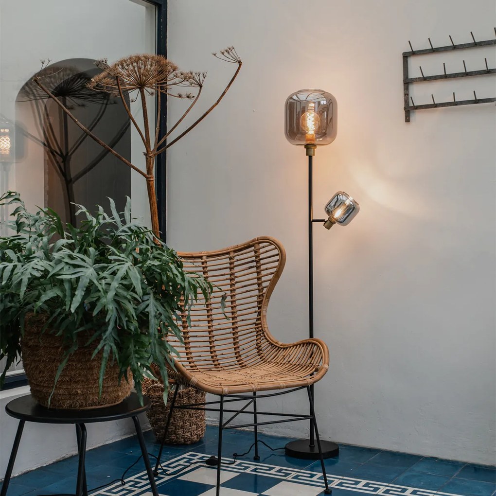 Lampa de podea neagră cu auriu cu sticlă fumurie cu 2 lumini - Zuzanna