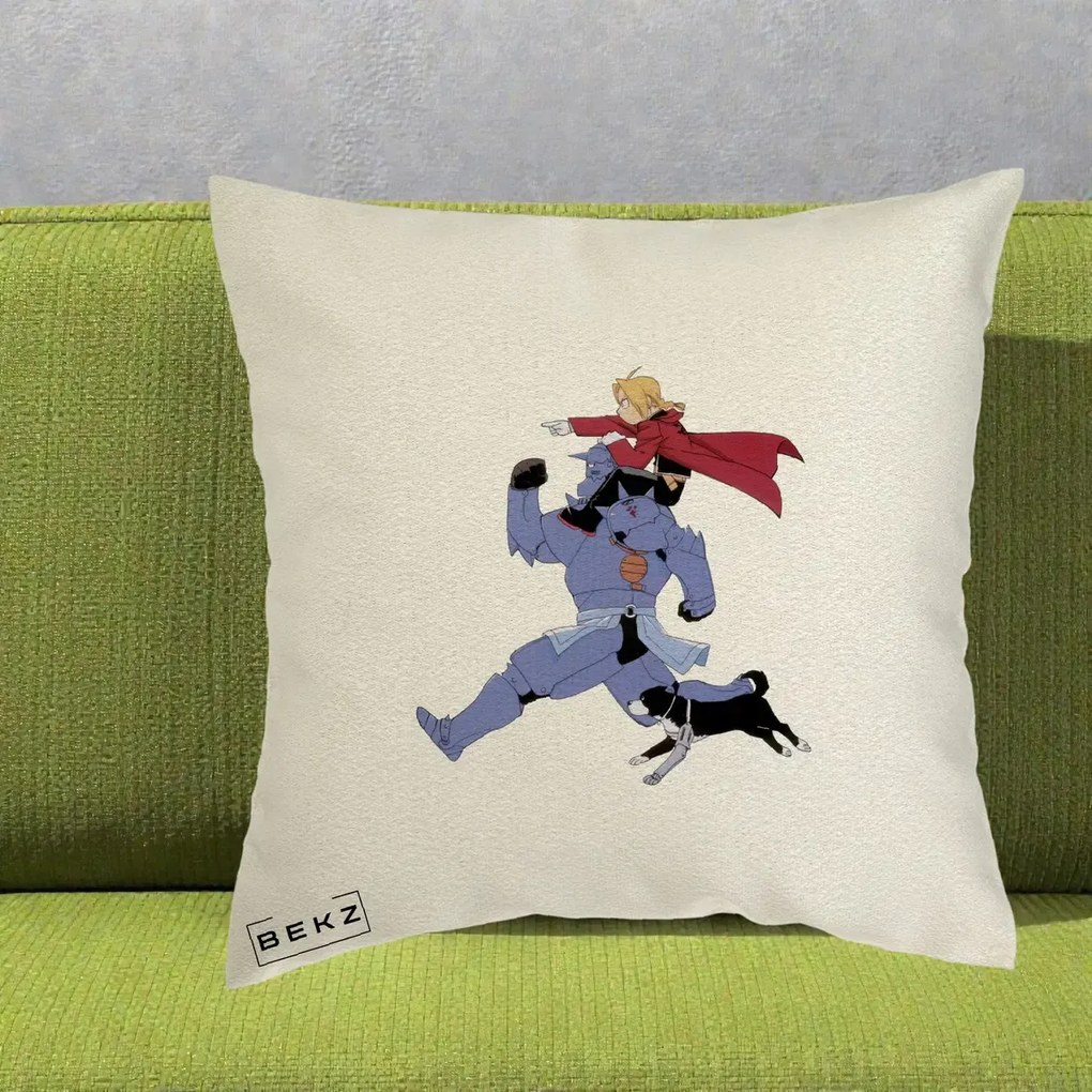 Perna Personalizata Fullmetal Alchemist Edward si Alphonse, 40x40 cm, Ecru, Husa Detasabila, Perna Inclusa, BEKZ®