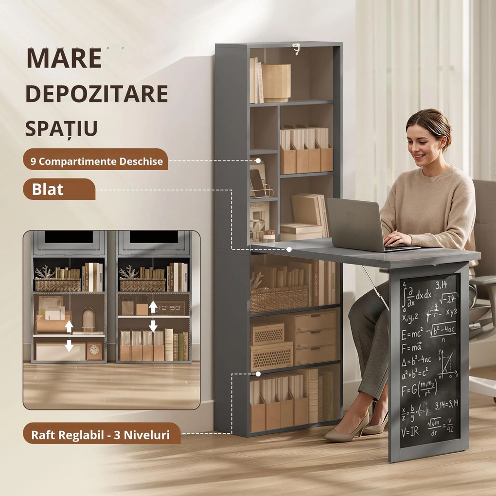 HOMCOM Birou Pliabil cu Bibliotecă, Tablă și Masă de Dining Rabatabilă, 98x51x153 cm, Gri închis | Aosom Romania