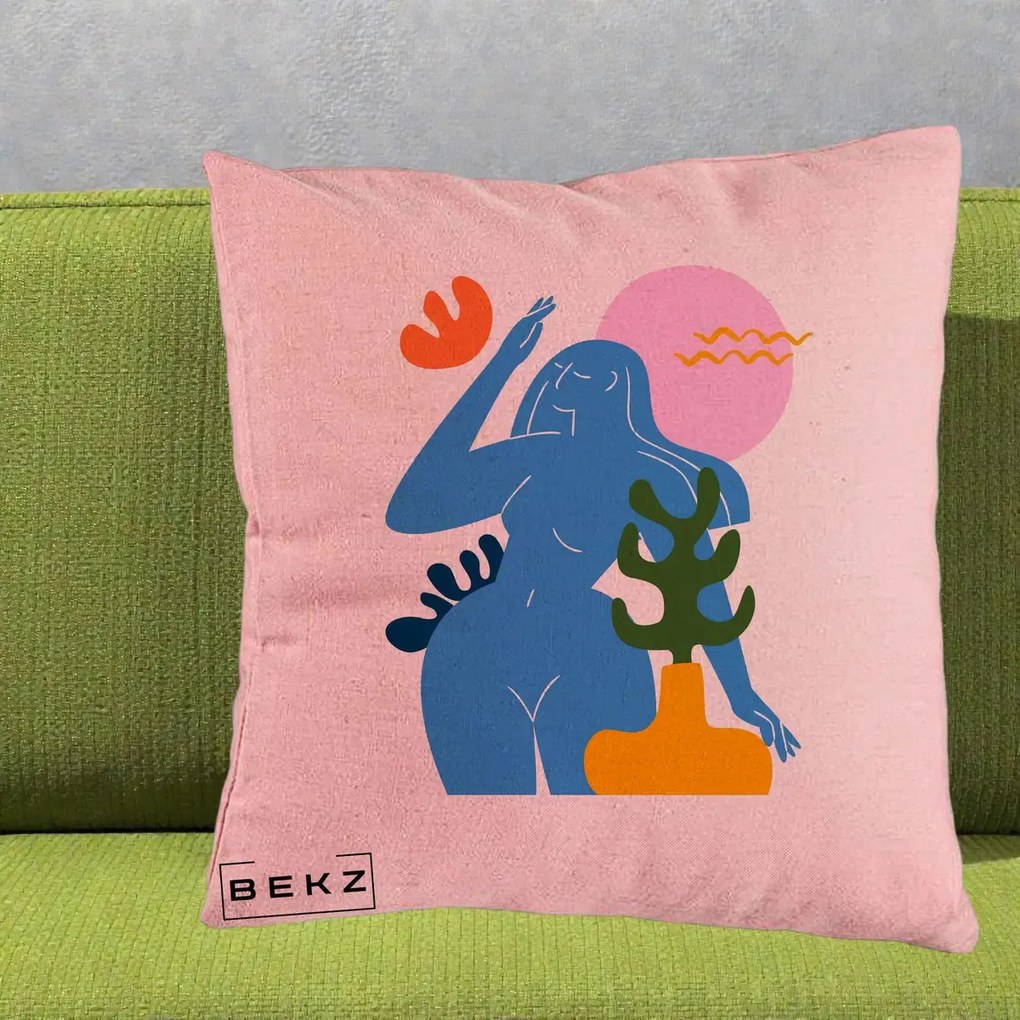 Perna Decorativa Femeie Albastra Cactus, 40x40 cm, Roz, Husa Detasabila, Perna Inclusa, BEKZ®