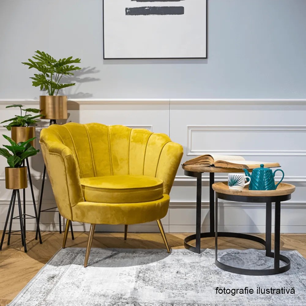 Fotoliu în stil Art-deco, catifea Velvet muştar/crom auriu, NOBLIN NEW