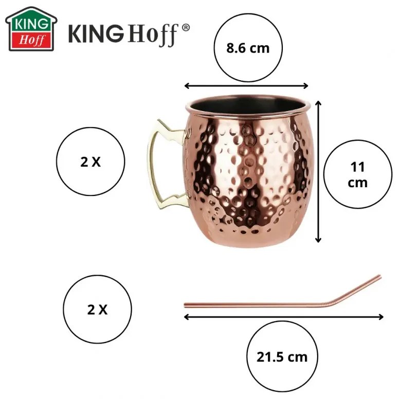 Set de pahare pentru Moscow Mule Kinghoff KH 2000, 2 buc, 500ml, 2 paie, oțel inoxidabil, cupru