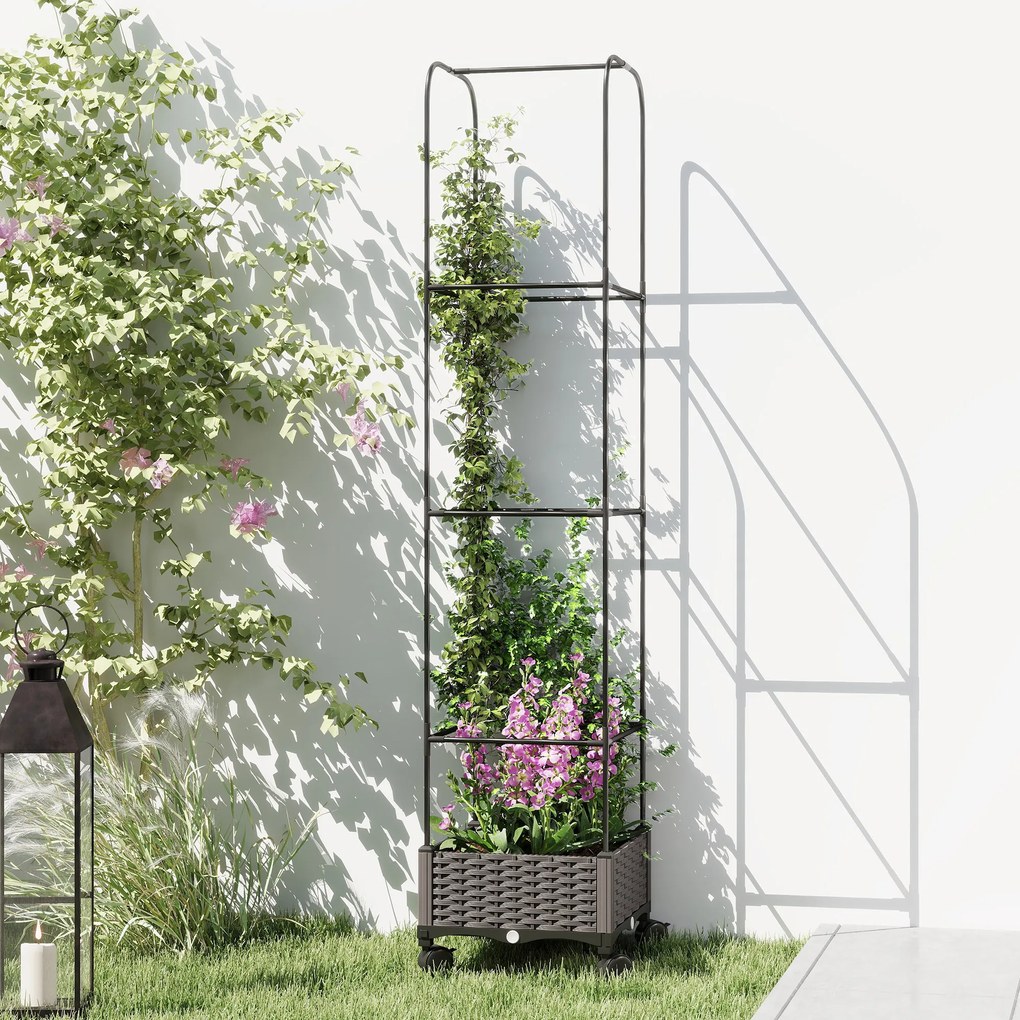 Outsunny Jardinieră Înălțată Autoirigantă din Metal cu Spalier de 185 cm, cu 4 Roți Blocabile pentru Plante Cățărătoare, Recipient cu Găuri de Drenaj pentru Legume și Flori, Negru | Aosom Romania