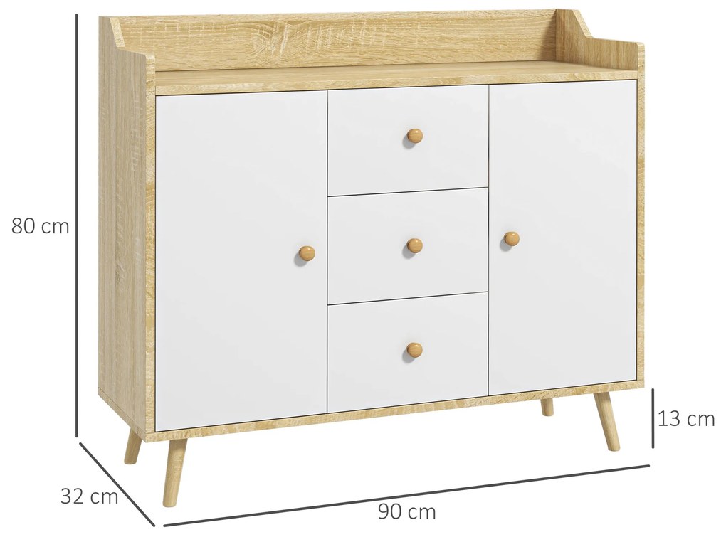 HOMCOM Comodă cu 3 Sertare și 2 Dulapuri cu Rafturi, Bufet Modern din PAL și Lemn de Pin, 90x32x80 cm, Alb | Aosom Romania