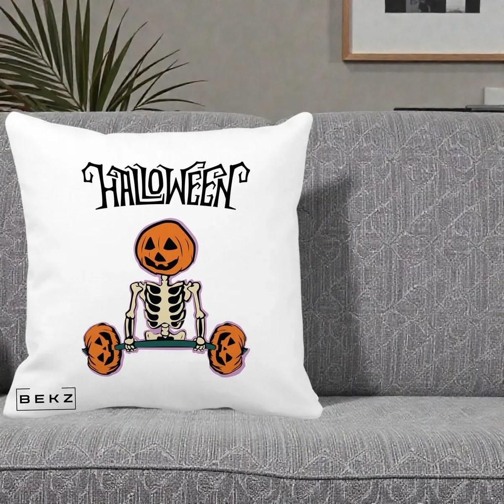 Perna Decorativa Halloween Schelet cu Cap de Dovleac Powerlifting, 40x40 cm, Alba Mata, Husa Detasabila, Perna Inclusa, BEKZ®