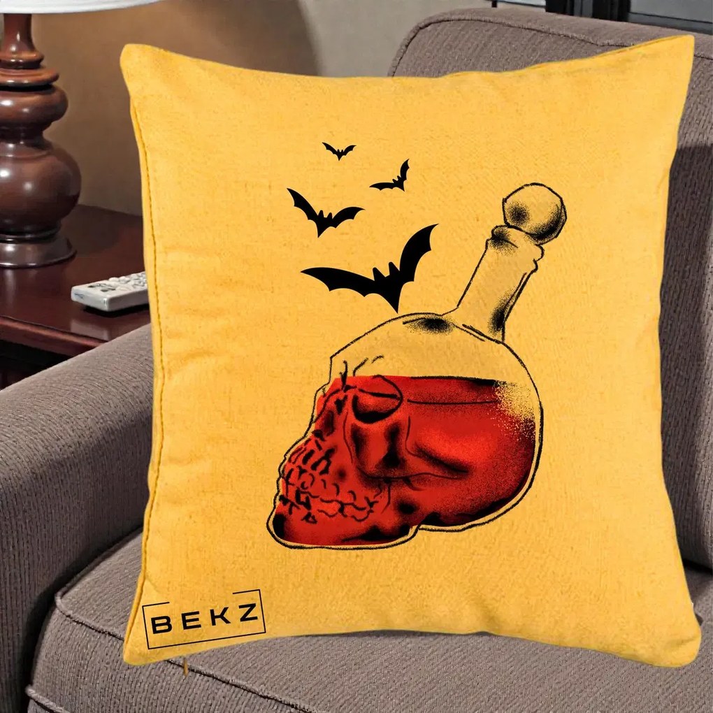 Perna Decorativa Halloween Craniu-Sticla cu Lilieci, 40x40 cm, Galben, Husa Detasabila, Perna Inclusa, BEKZ®