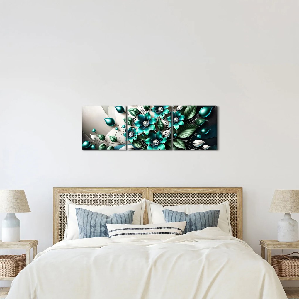 Tablou - Flori turcoaz 3D (cu ceas) (90x30 cm)