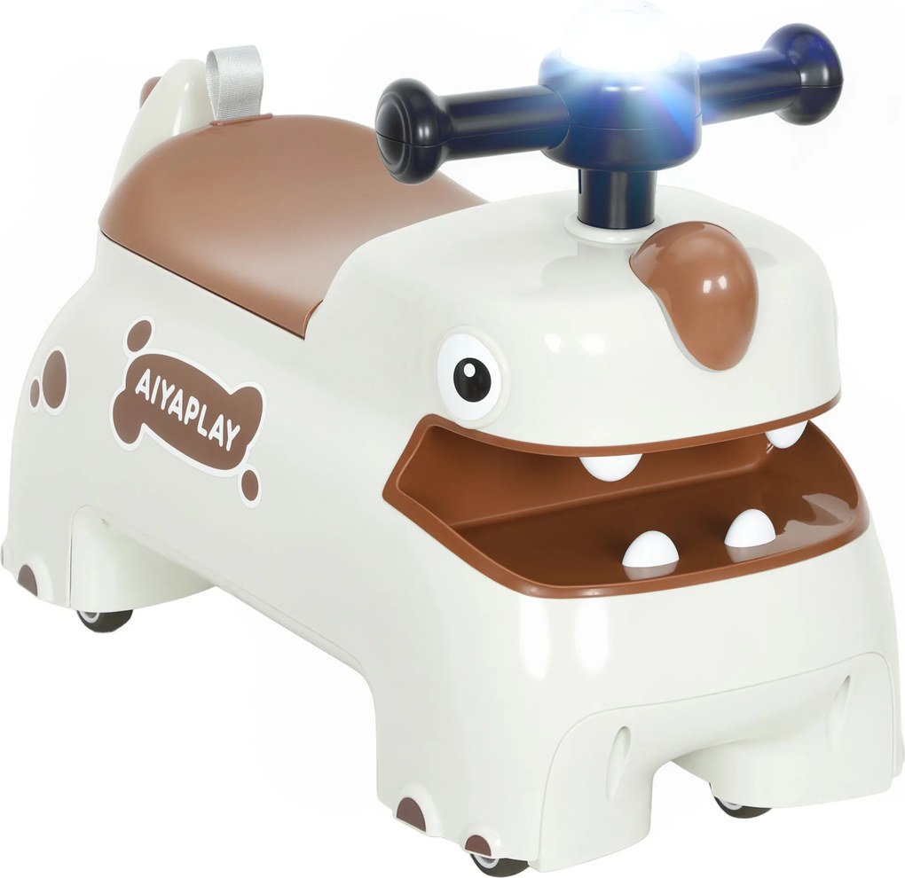 AIYAPLAY Mașinuță fără pedale, design dino, volan, lumini, sunete, 4 roți, crem-alb+maro | Aosom Romania