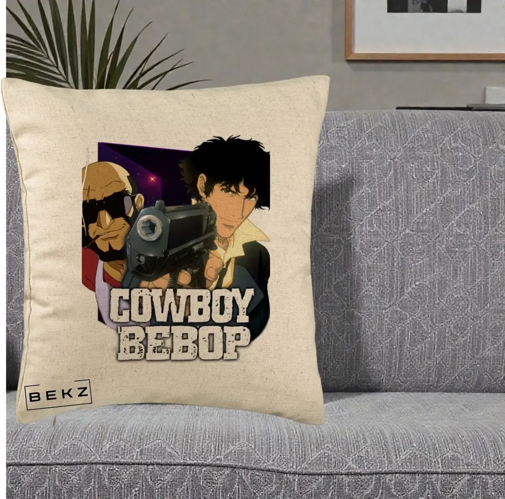 Perna Personalizata Cowboy Bebop Spike si Jet Poster, 40x40 cm, Bej, Husa Detasabila, Perna Inclusa, BEKZ®