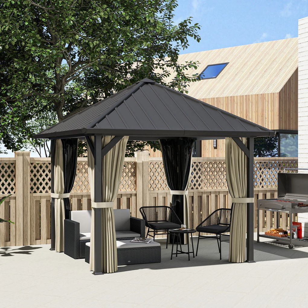 Outsunny Pavilion cu acoperiș solid 3 x 3 m, pavilion de grădină cu acoperiș metalic, cort de grădină impermeabil cu plasă și pereți laterali, Gri închis | Aosom Romania