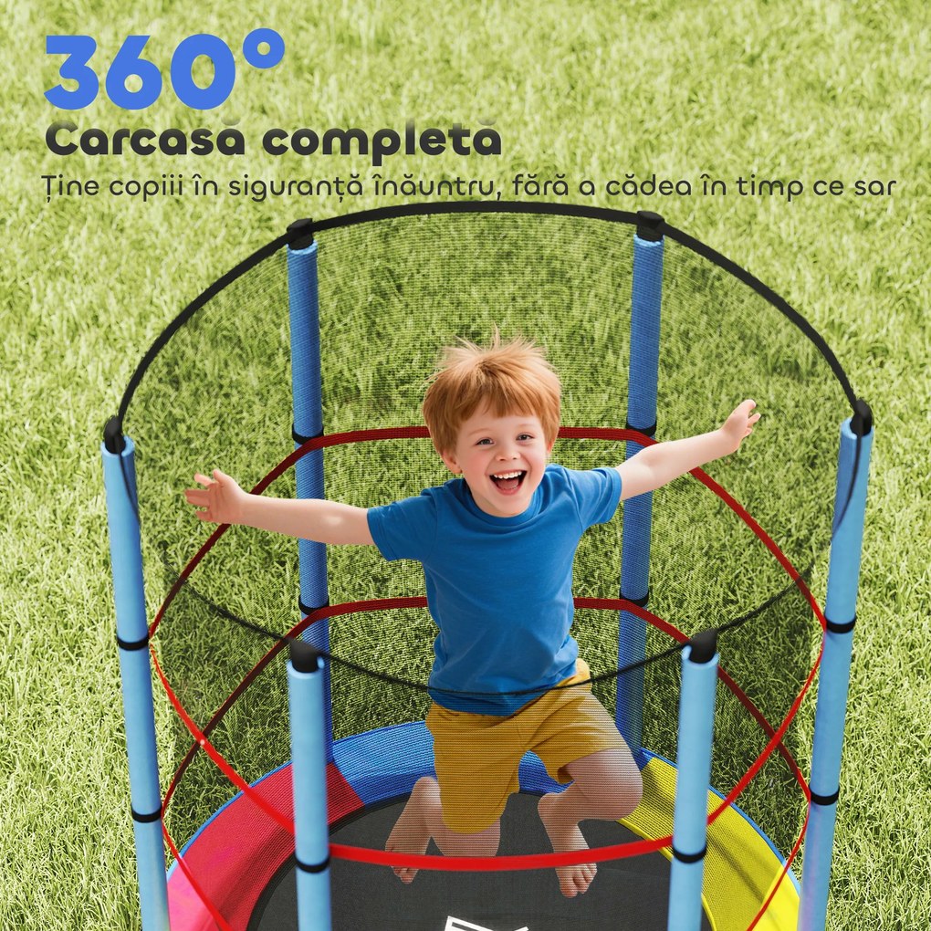 HOMCOM Saltea Elastică pentru Copii 3-6 Ani cu Plasă de Protecție, 6 Stâlpi și 3 Intrări, Ø140x190 cm, Multicolor | Aosom Romania