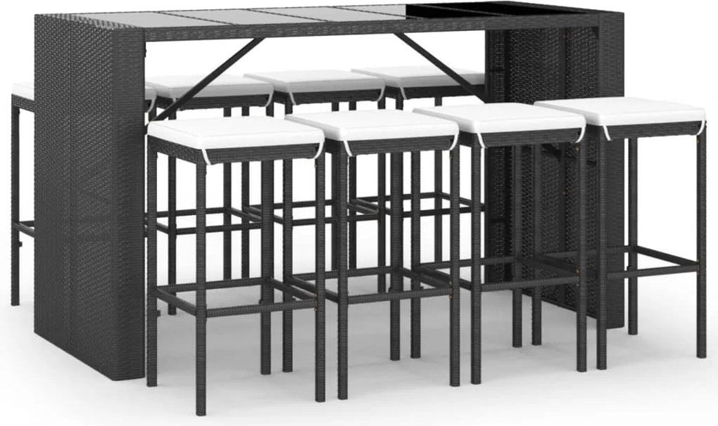 vidaXL Set mobilier bar de grădină cu perne, 9 piese, negru, poliratan
