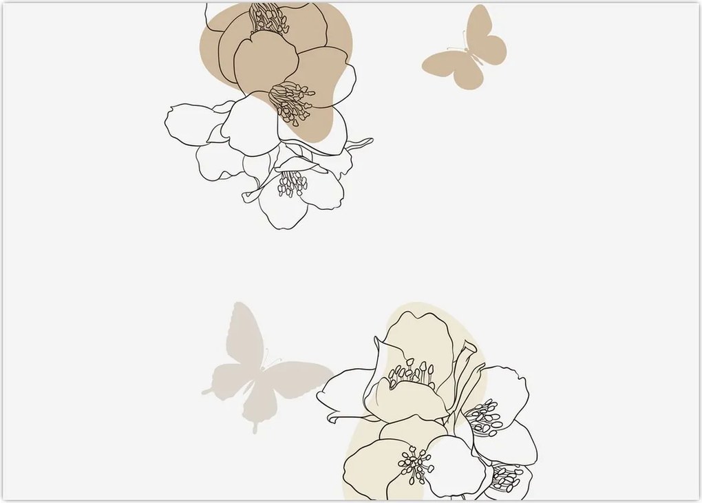 Tablou pe sticlă - Flori bej cu fluture N⁰2 (70x50 cm)