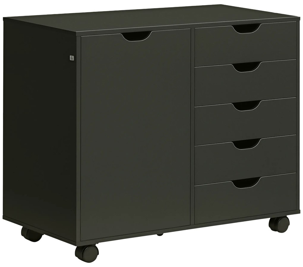 HOMCOM Cazior de birou cu 5 sertare 1 ușă raft reglabil, suport imprimantă pe role, 78x40x66,5 cm, negru | Aosom Romania
