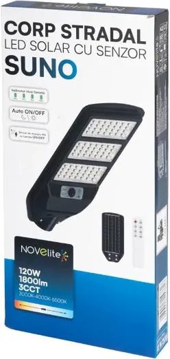 Corp Iluminat Stradal Solar LED 120W Novelite Suno cu Senzor Miscare, Protectie IP54, 3CCT Temperatura Culoare Selectabila, Eficienta Energetica