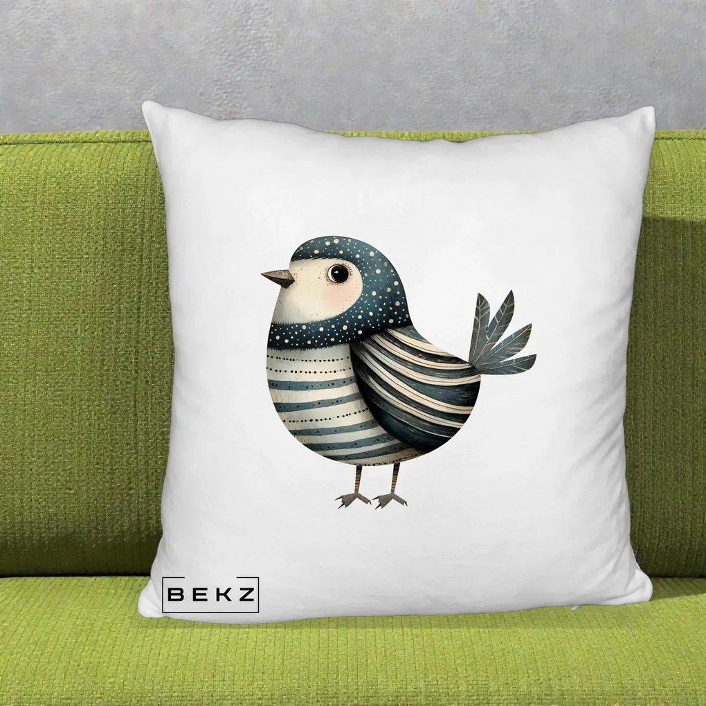 Perna Decorativa Pasare Teal Decorativa Dungata, 40x40 cm, Alb Pufos, Husa Detasabila, Perna Inclusa, BEKZ®
