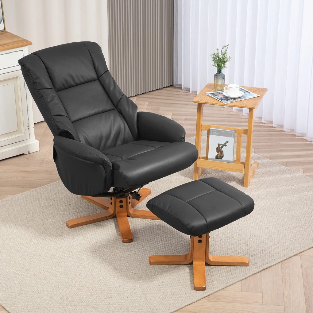 HOMCOM Relaxsessel cu Hocker, Funcție de culcare, Piele ecologică, până la 150 kg, 71 x 84 x 102 cm, Negru | Aosom Romania