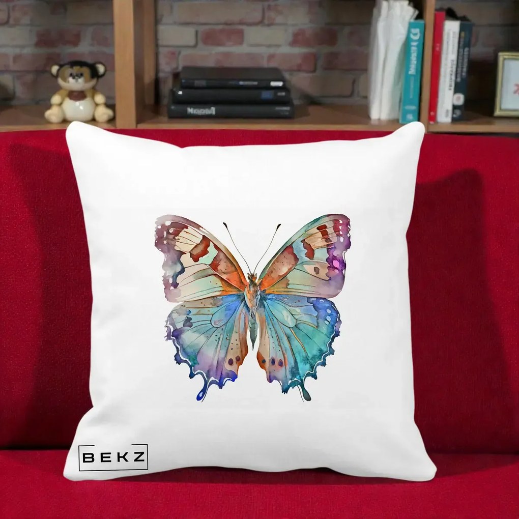Perna Decorativa Fluture Acuarela Multicolor Portocaliu-Bleu-Mov, 40x40 cm, Alba Mata, Husa Detasabila, Perna Inclusa, BEKZ®