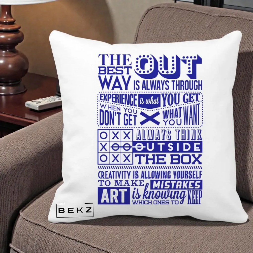 Perna Decorativa Citate Creativitate Albastru, 40x40 cm, Alba Mata, Husa Detasabila, Perna Inclusa, BEKZ®