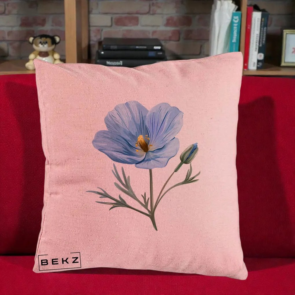 Perna Decorativa Mac Albastru Acuarela, 40x40 cm, Roz, Husa Detasabila, Perna Inclusa, BEKZ®