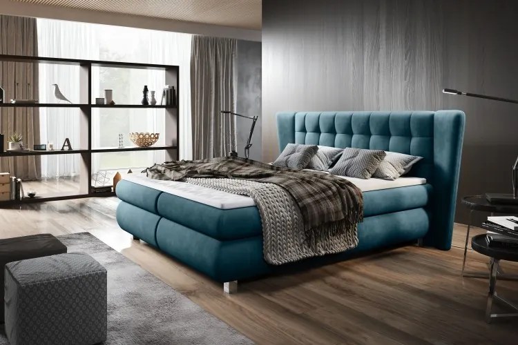 Pat tapitat cu stofa Florentino Boxspring Turcoaz, topper inclus, 200 x 180 cm