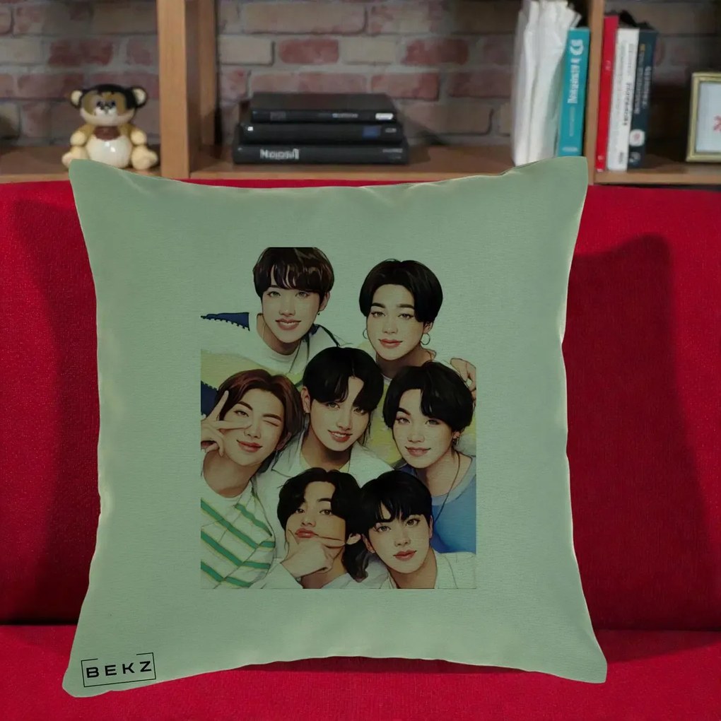 Perna Personalizata K-pop BTS Bangtan Boys Portret Grup Fanart, 40x40 cm, Verde, Husa Detasabila, Perna Inclusa, BEKZ®
