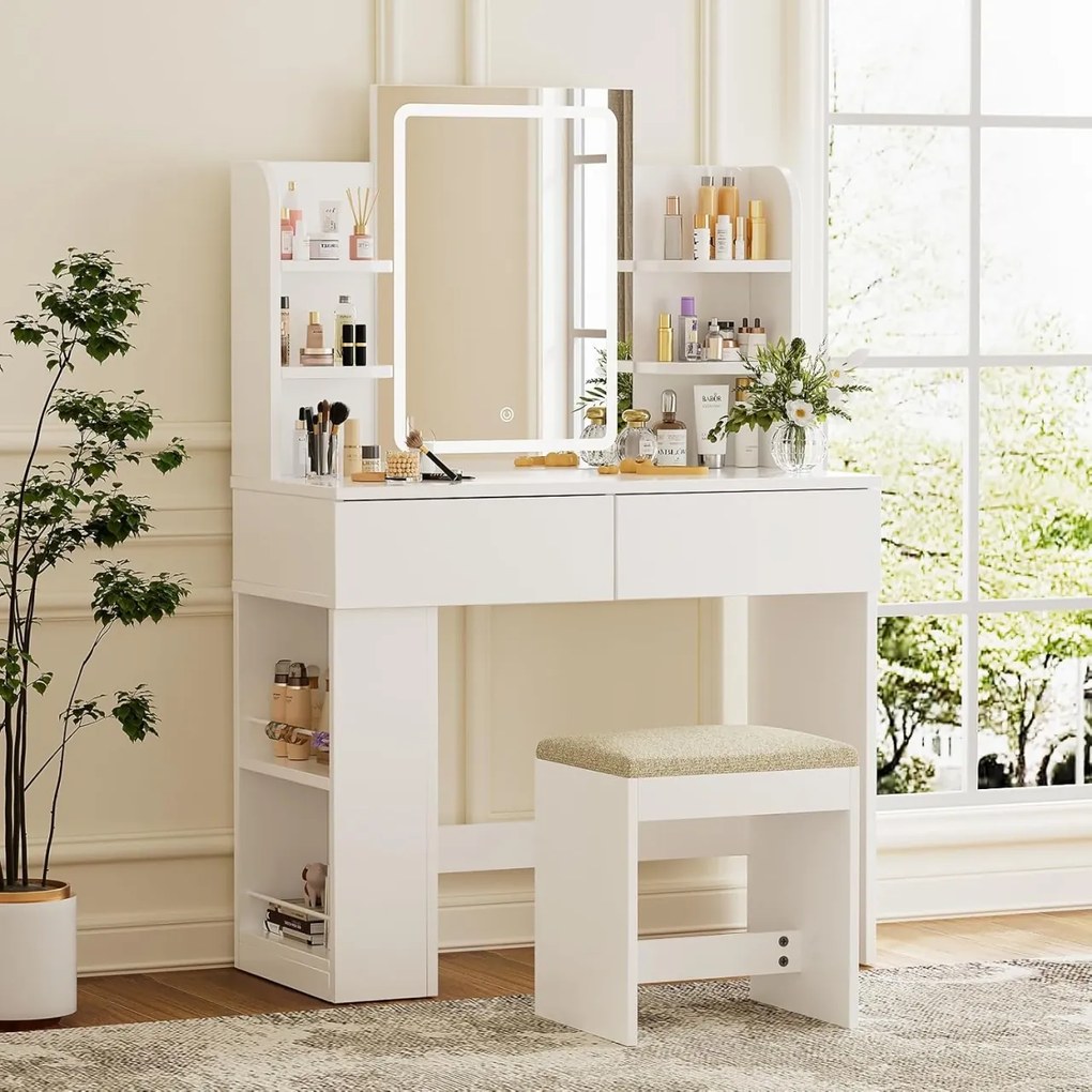 Masuta machiaj cu Oglinda LED si 2 Sertare pentru Cosmetice, Set Masa toaleta 90 cm, Alb / Negru / Roz, masuta cosmetica, vanity - SER203